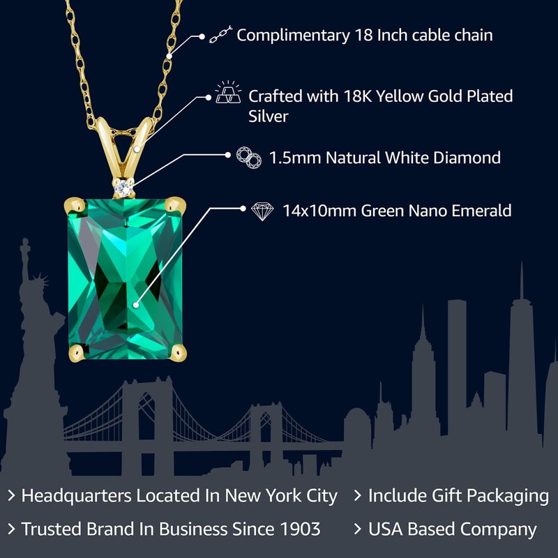 GEM STONE KING قلادة باندنت من حجر الجواهر الملكي مطلية بالذهب الأصفر عيار 18 من الفضة مع حجر زمرد مقطوع وحجر ألماس أبيض دائري للنساء | 14X10MM زمرد مقطوع و 1.5MM دائري | مع سلسلة فضية بطول 18 إنش - Image 2